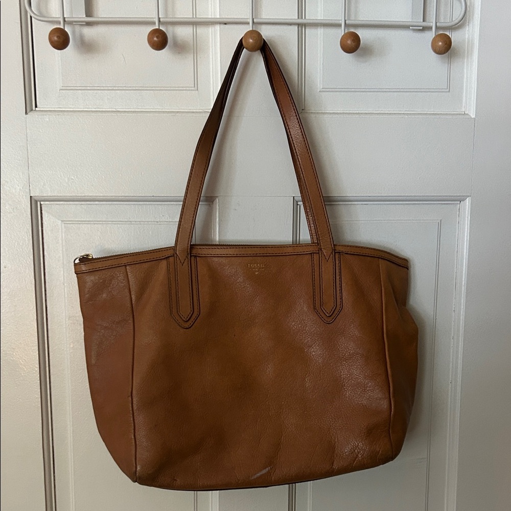 Fossil Sydney Tan Leather Zip Tote Bag